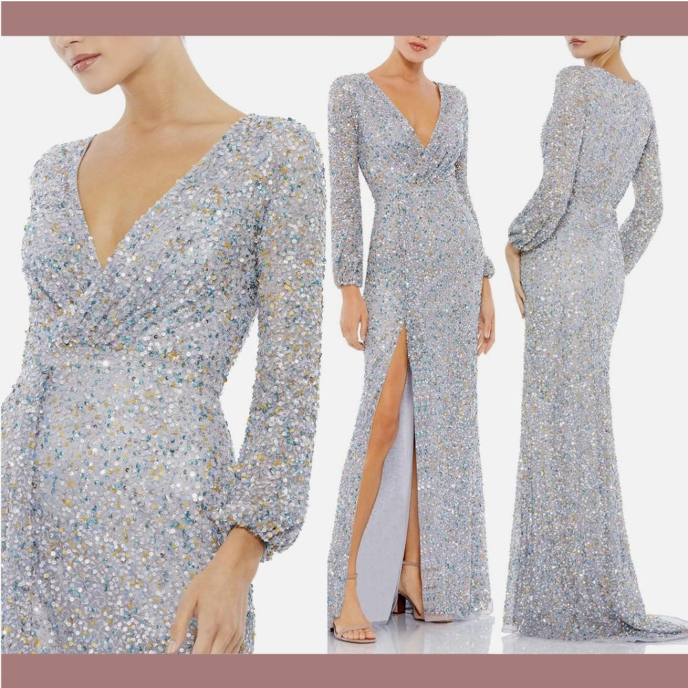 NWT $598 Mac Duggal [ 6 ] Multi Colored Sequin‎ Long Sleeve Gown w/ Slit Q593